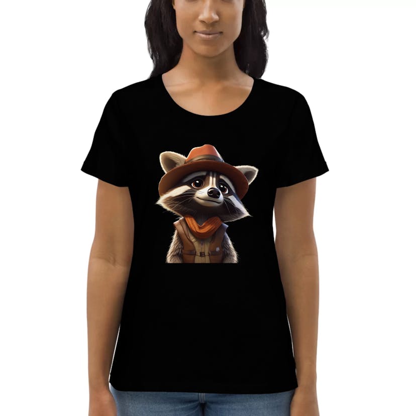 women's eco friendly v-neck black t-shirt with racoon wearing a hat made by AI